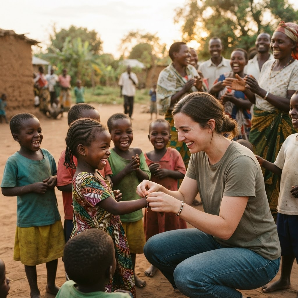 Volunteer sharing a joyful moment with children and community members at golden hour